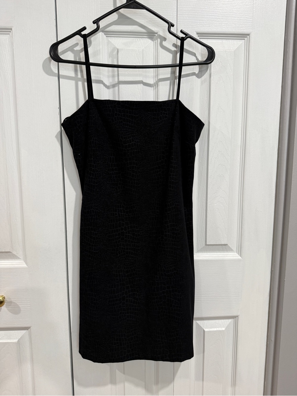 Black Textured Mini Slip Dress with Spaghetti Straps